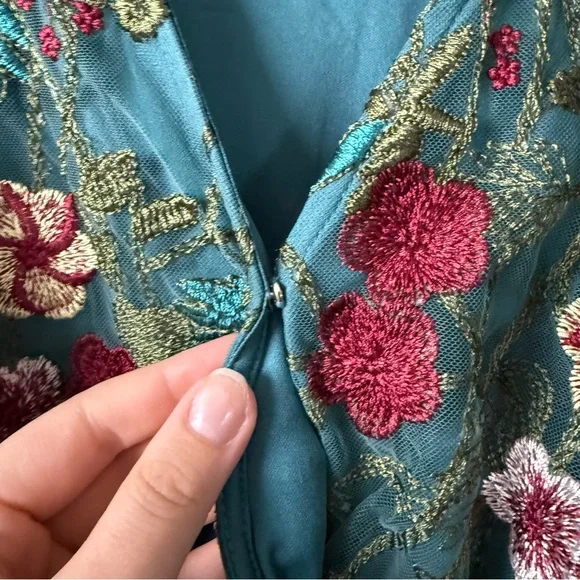 Fehrnvi Green and Teal Floral Embroidered Tulle Faux Wrap Maxi Dress - Picture 5 of 9